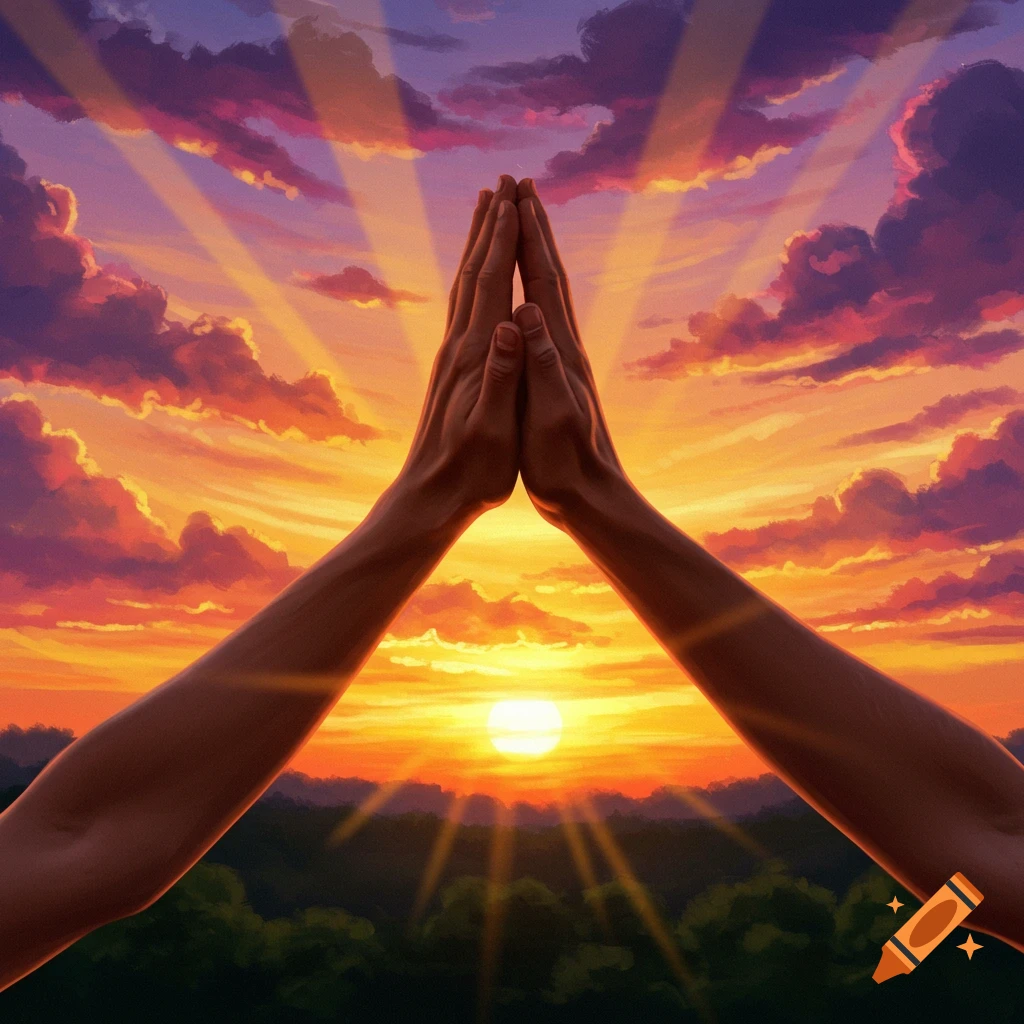 Two hands forming a peak against a vivid sunset with rays of light and a green forest below.