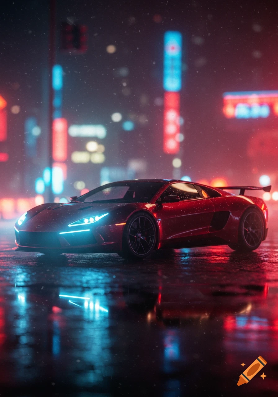 A red sports car with bright blue headlights sits on a wet, reflective road in a neon-lit city at night.
