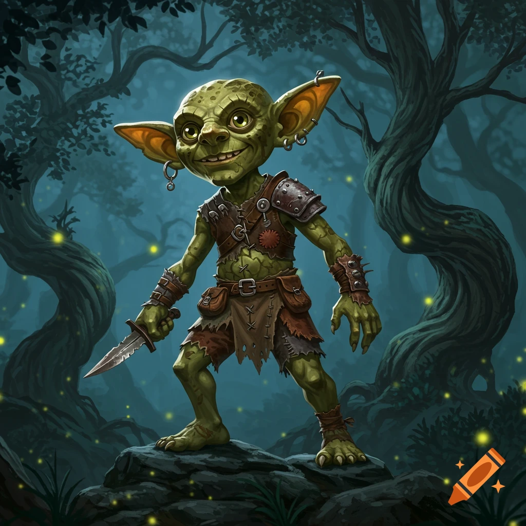 A smiling green goblin with large ears and a dagger stands on rocks in a dark, glowing forest.