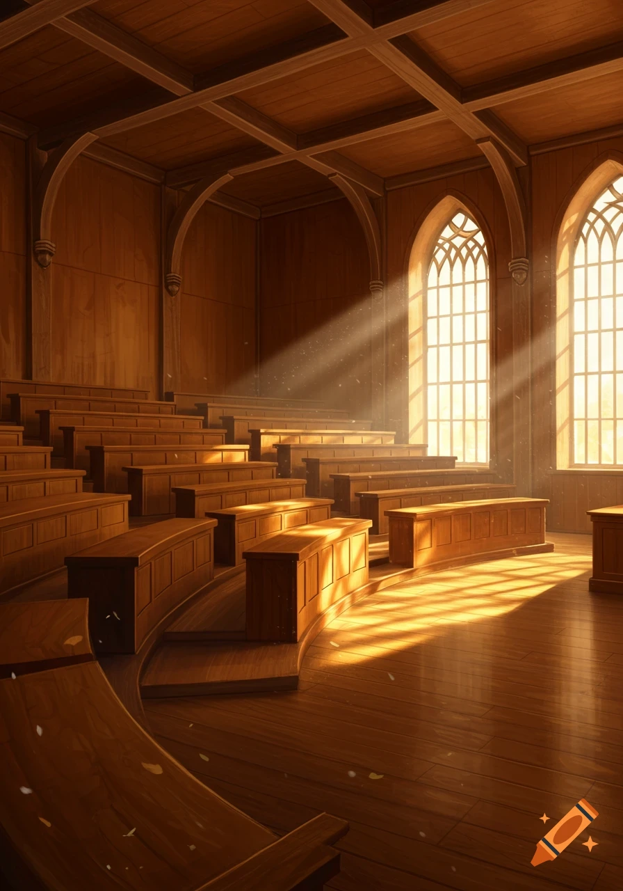A sunlit wooden lecture hall with tiered seating, gothic windows, and dust motes in the light rays.