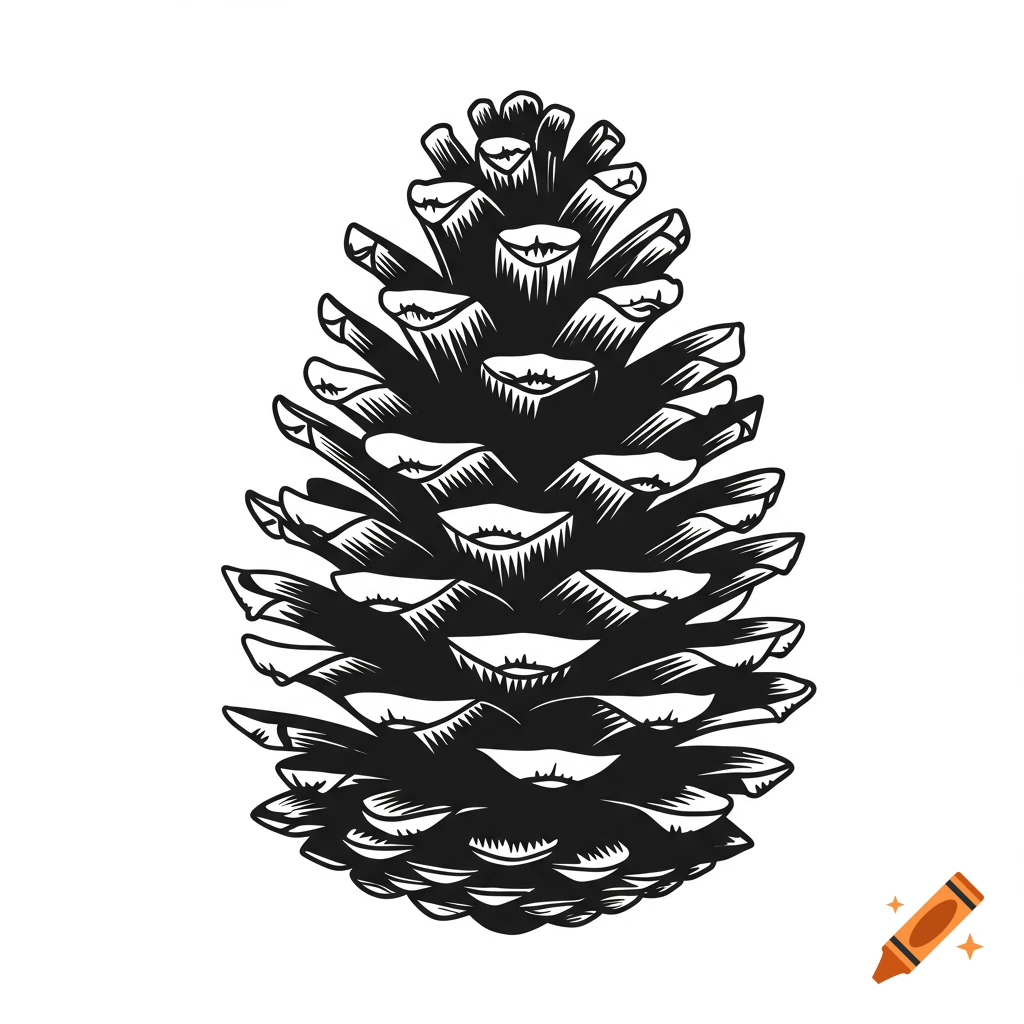 A black and white line art illustration of a pine cone.