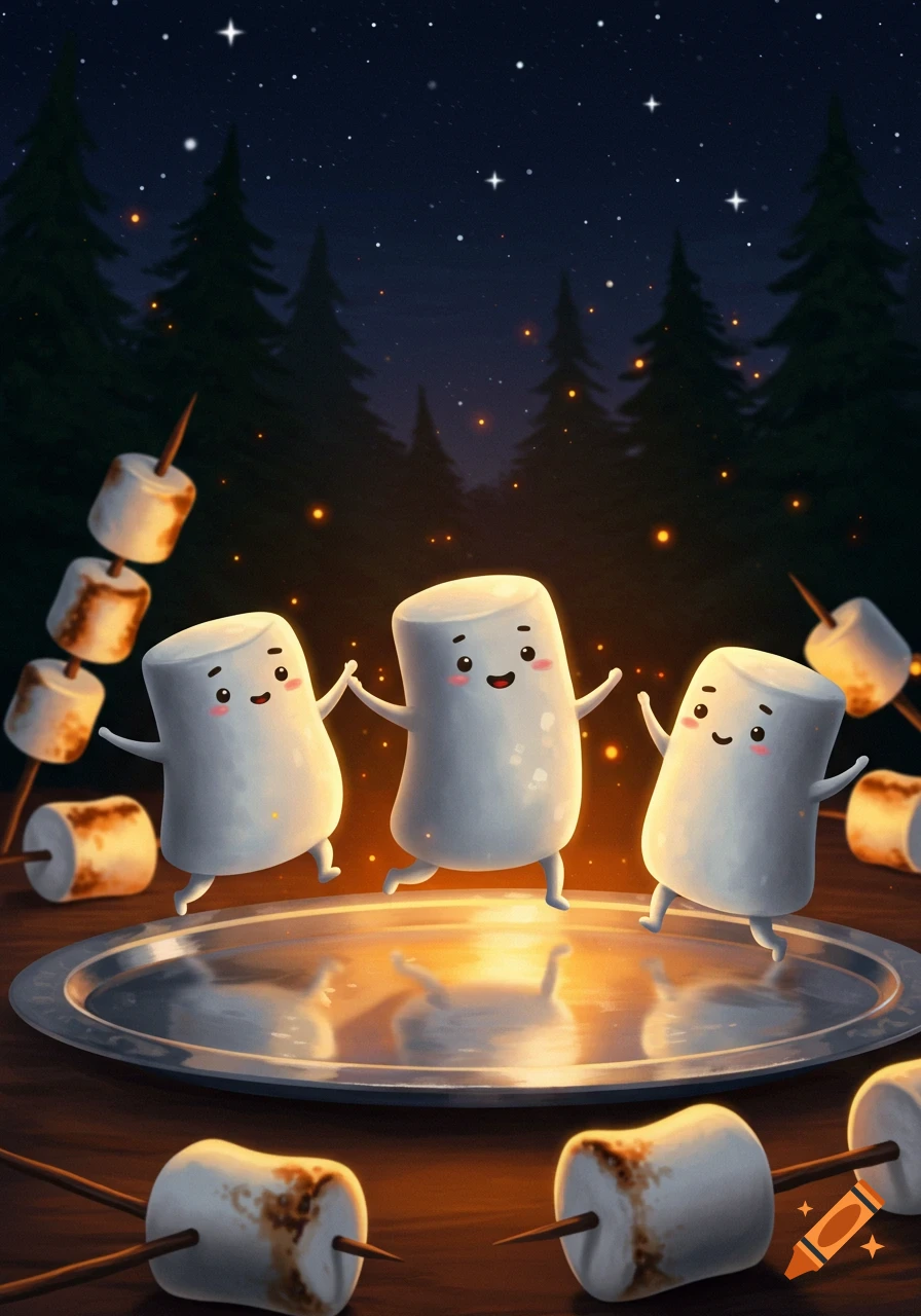 Three happy cartoon marshmallows dance on a silver tray by a night campfire with roasted marshmallows and pine trees.