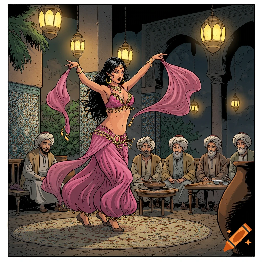 A comic illustration of a belly dancer in a pink outfit dancing before several men in a traditional Middle Eastern room.