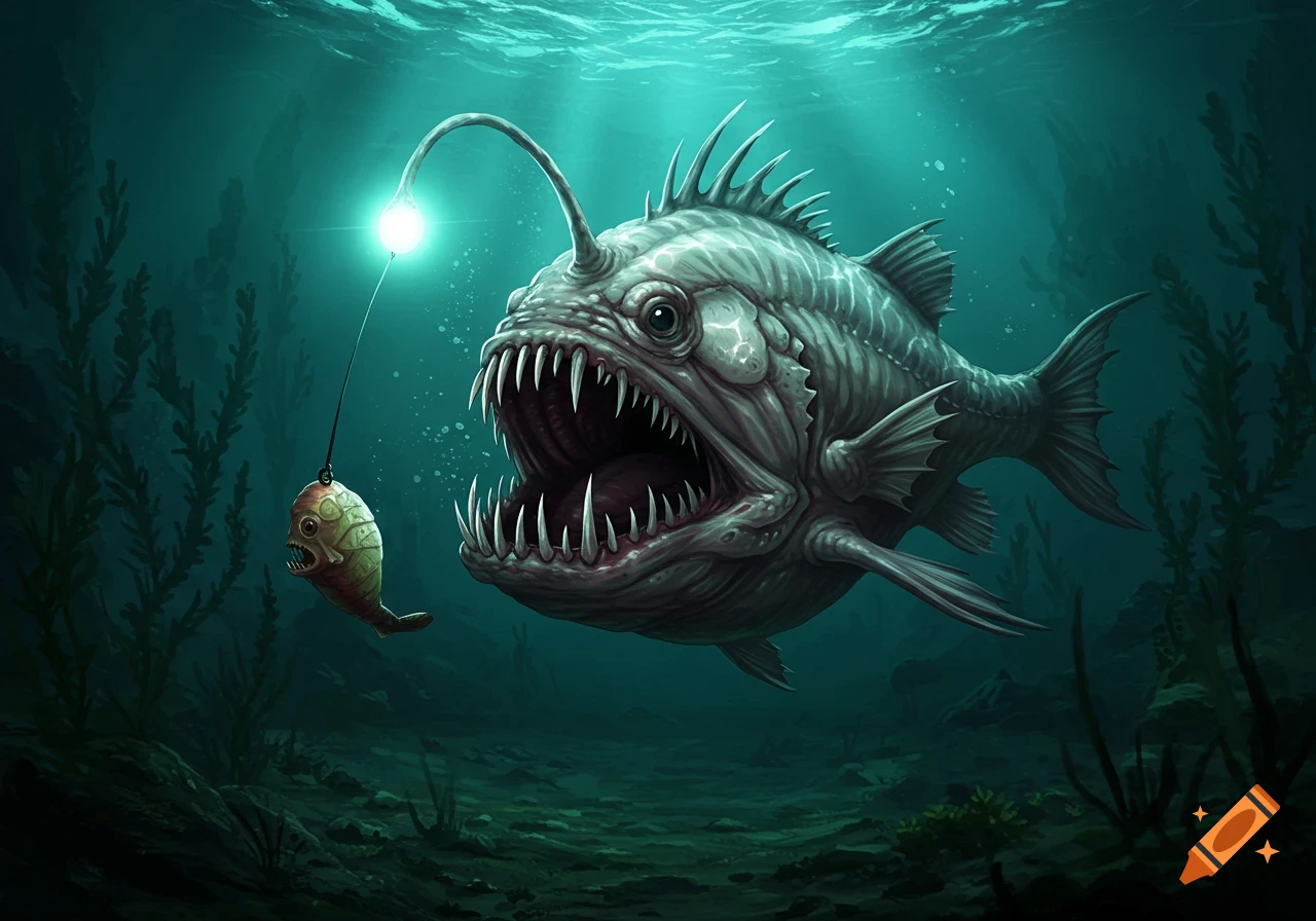 A monstrous anglerfish with huge fangs and a glowing lure chases a ...