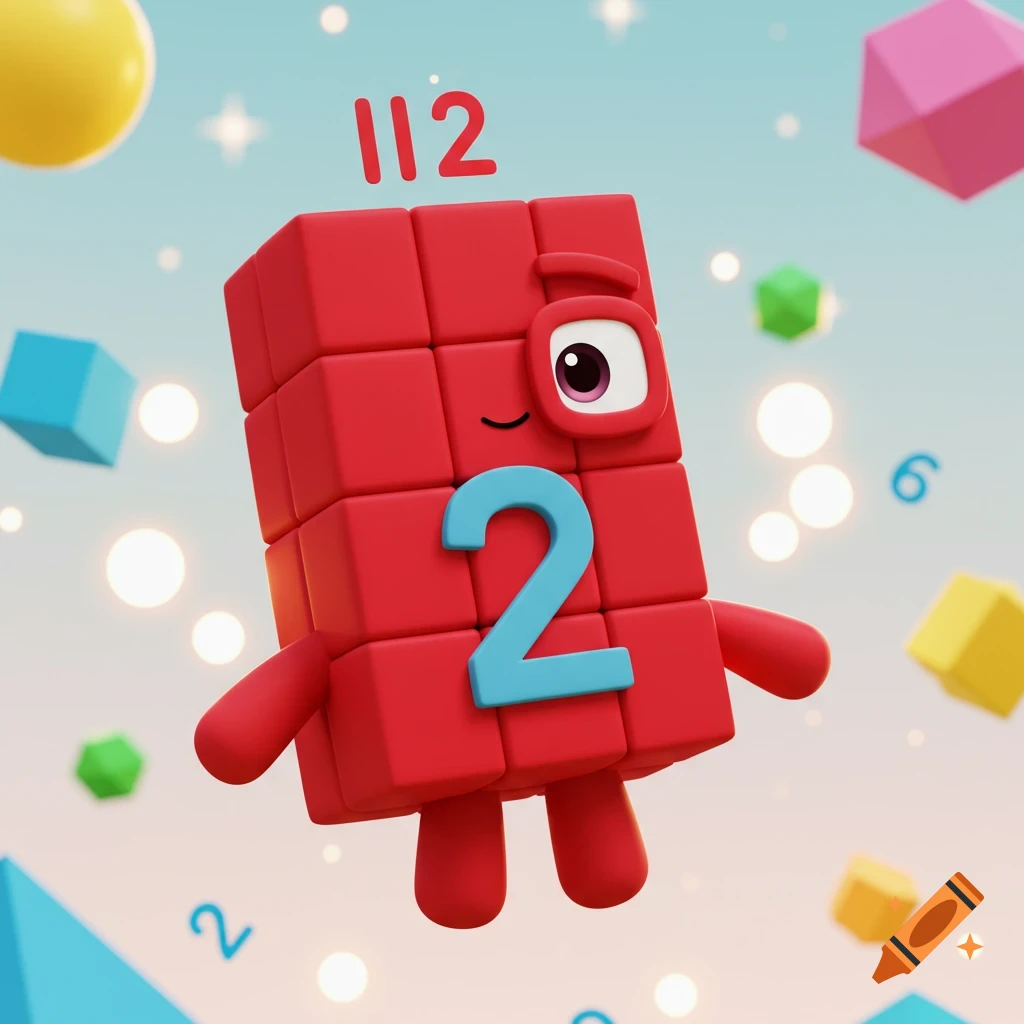 A red Numberblock 2 character with a large blue '2' on its front floats in a whimsical sky, surrounded by colorful shapes and numbers.