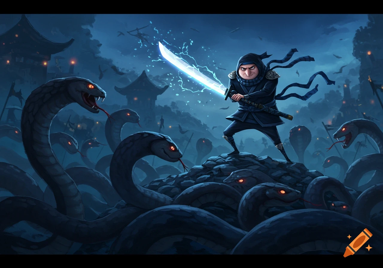 Cartoon Gru as a ninja, holding a glowing katana, fighting a horde of cobras in a dark, stormy landscape.