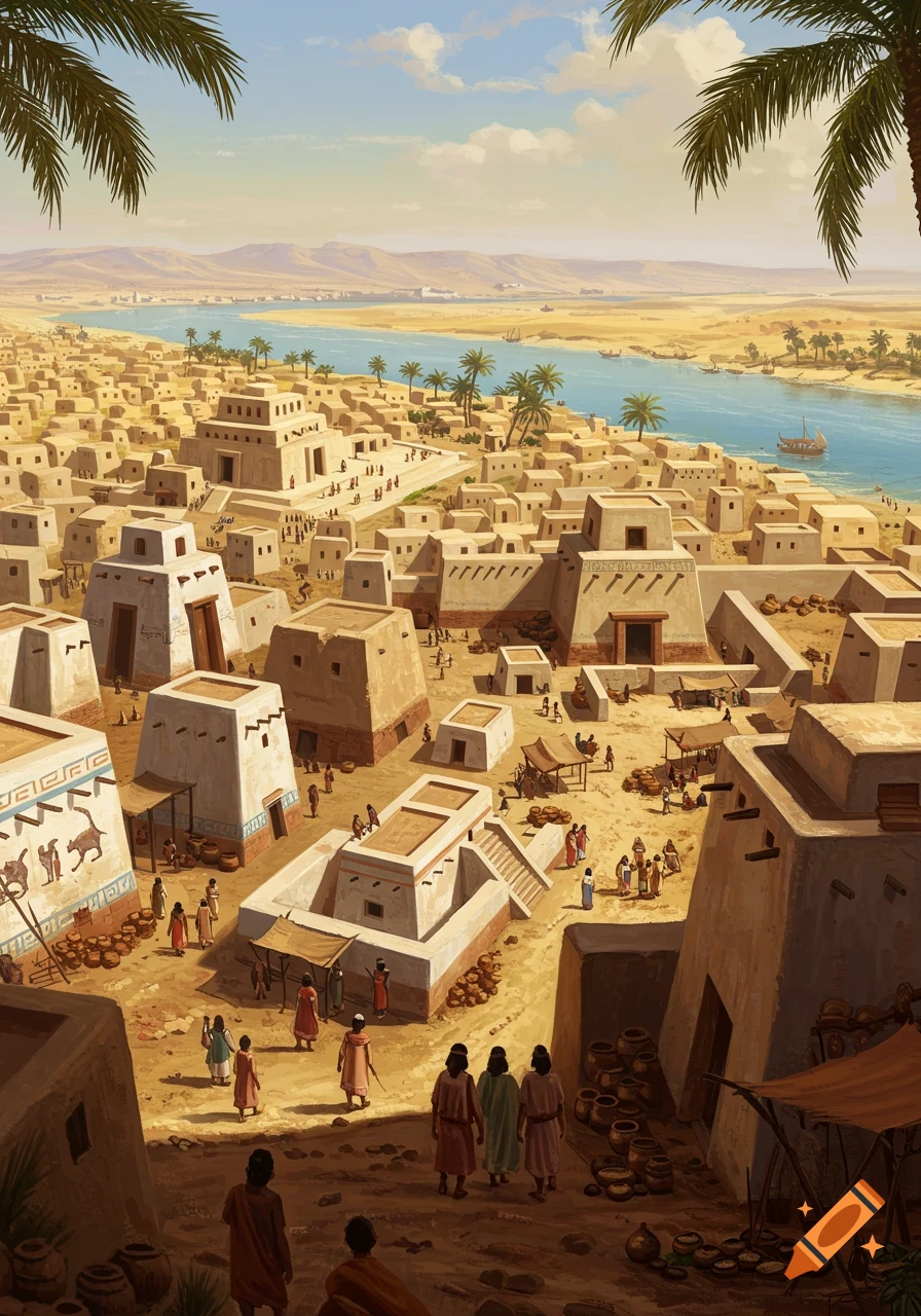 An ancient mudbrick city with whitewashed walls alongside a wide river, surrounded by desert mountains, under a clear sky.