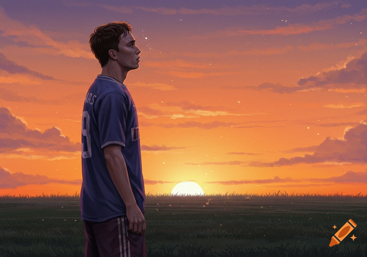 Illustrative depiction of a sad male athlete in a blue jersey, with ...