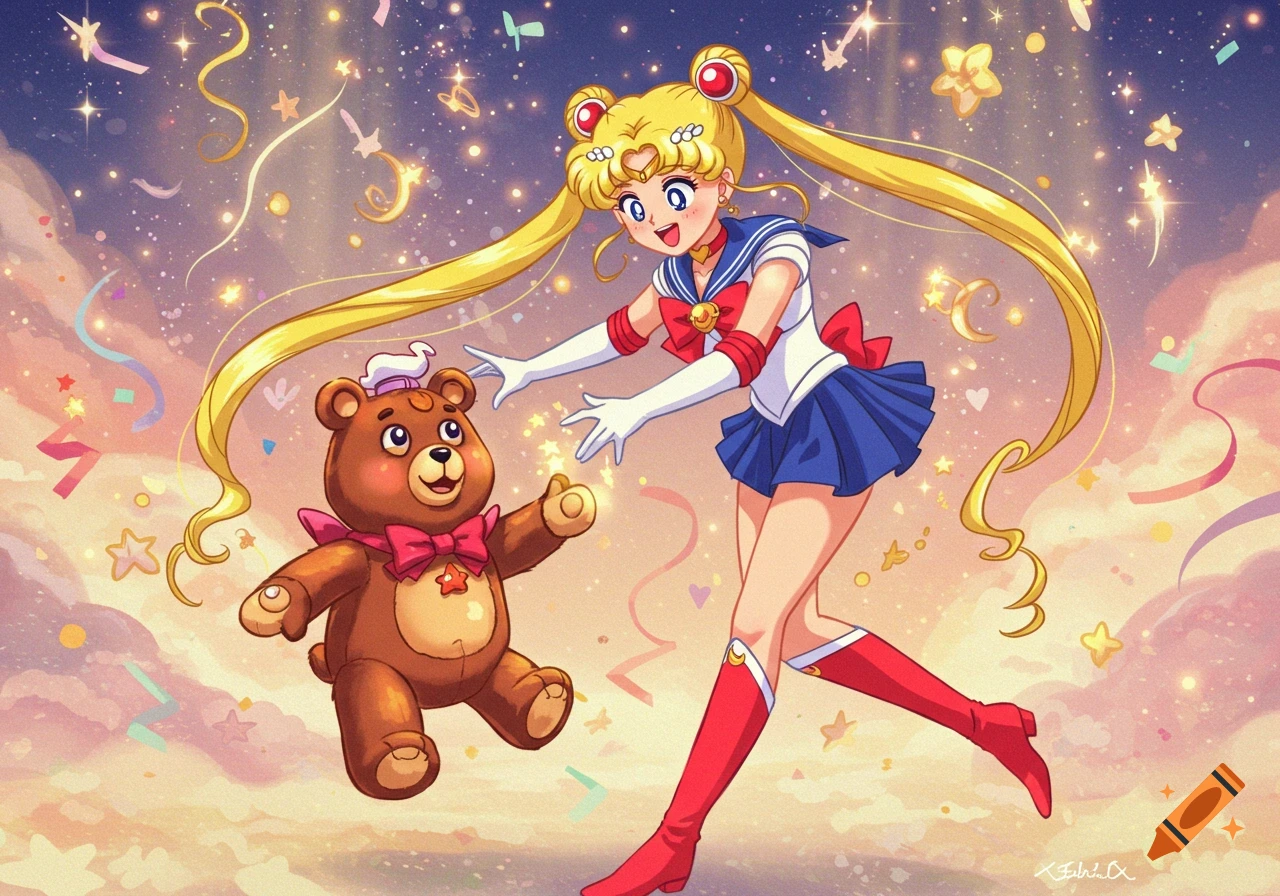Sailor Moon reaching towards a floating teddy bear in a magical sky with stars and ribbons, anime style.
