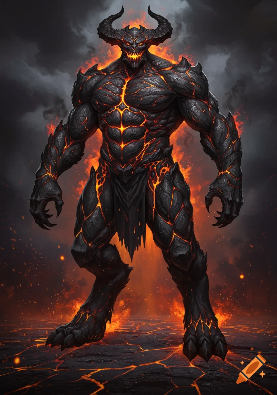 A towering, horned demon with black volcanic skin cracked with glowing magma stands amidst fire and smoke.