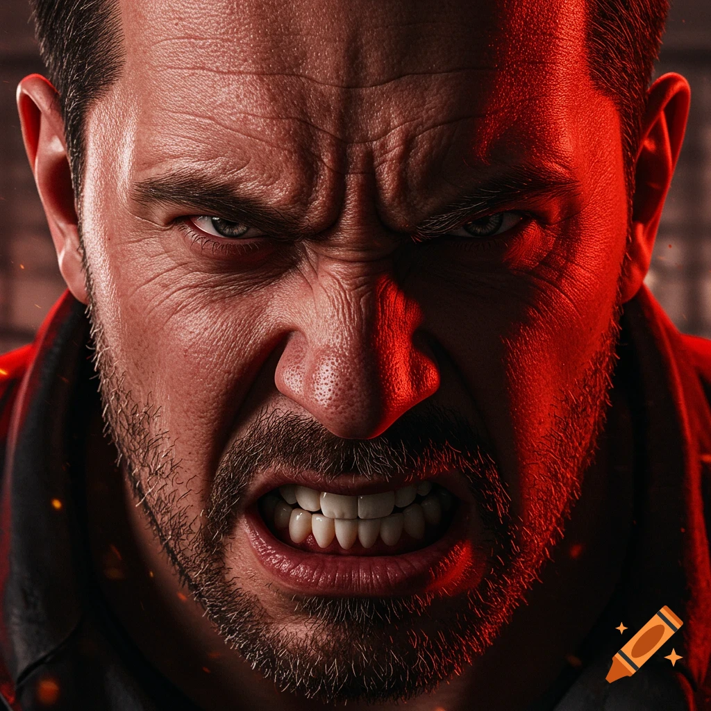 Close-up photorealistic portrait of a furious man, his face contorted in rage with dramatic red lighting.
