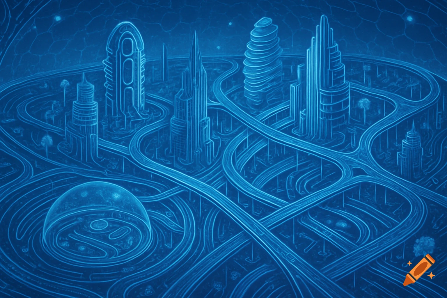 A futuristic city blueprint in glowing blue lines, showing tall buildings and complex interconnected roads.