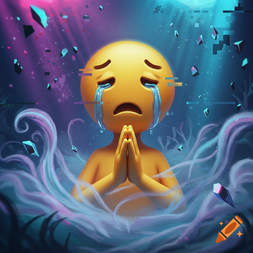 A crying emoji figure with praying hands, surrounded by glowing blue and pink mist and glitch artifacts.