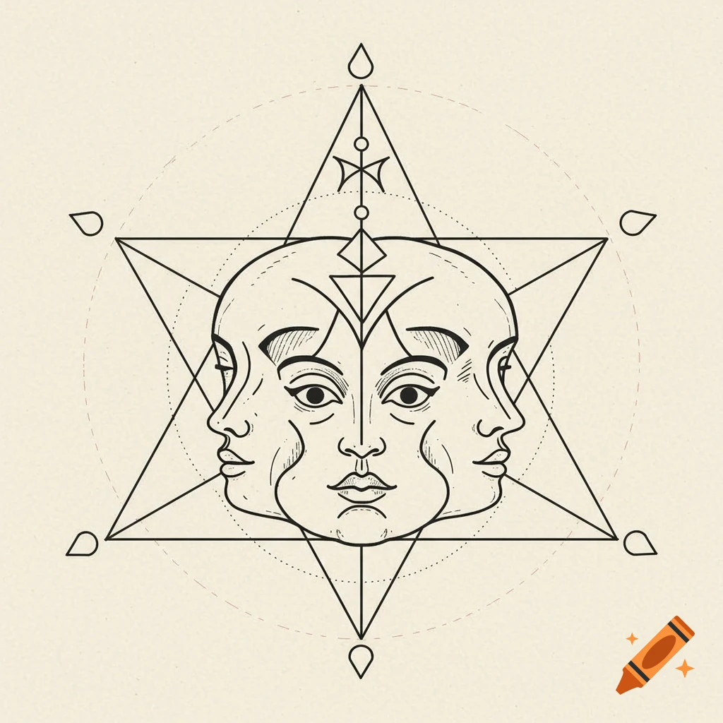 A symmetrical, mystical line art symbol featuring multiple stylized faces within a geometric star shape.