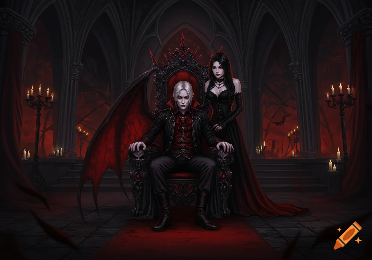 A white-haired vampire lord sits on a black throne with red spikes, a dark-haired vampire lady stands beside him in a gothic chamber.