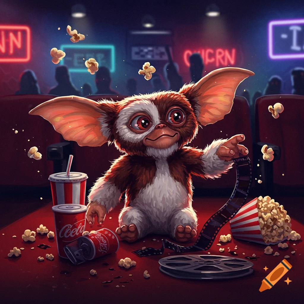A cute, fluffy Gremlin sits on a red carpet in a dark movie theater, surrounded by popcorn, soda, and a film reel.