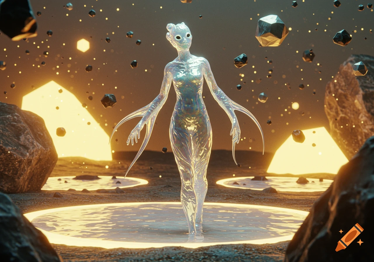 A translucent, shimmering alien figure stands on a glowing platform in a dark, otherworldly landscape with floating asteroids.