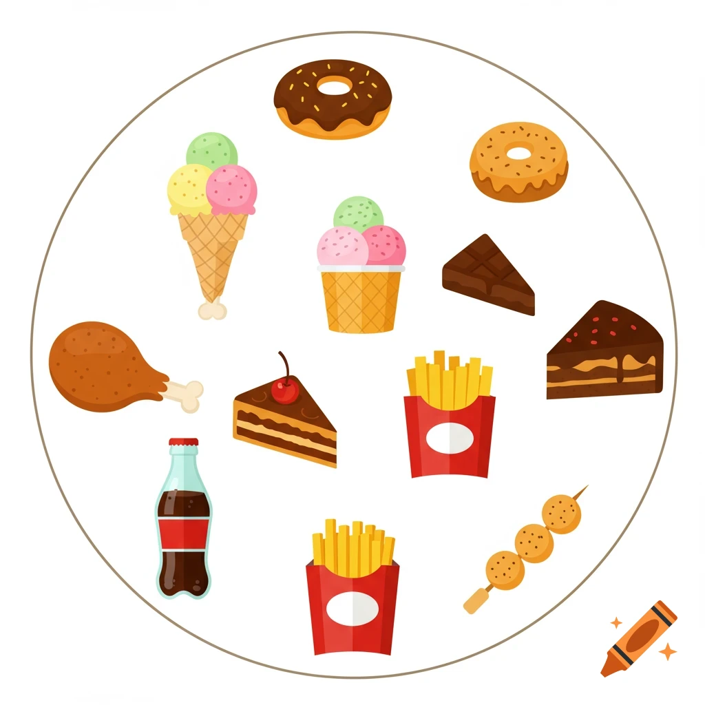 Various cartoon-style food items including donuts, ice cream, fried chicken, soda, fries, cake, and a skewer arranged in a circle on a white background.