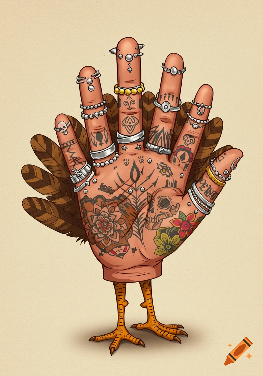 A stylized hand with numerous tattoos and piercings, drawn to resemble a turkey with feathers and legs.