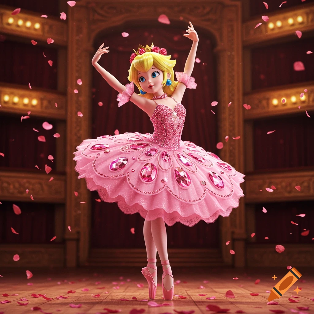 Princess Peach in a pink, gem-decorated ballerina tutu and pointe shoes ...