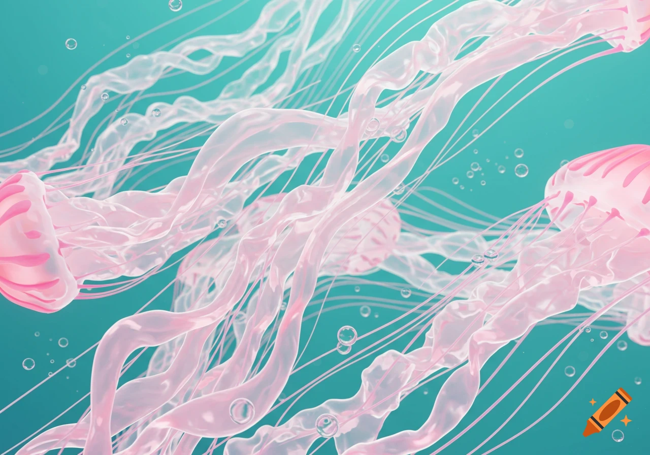 Pink and translucent jellyfish with long flowing tentacles and bubbles in teal water.