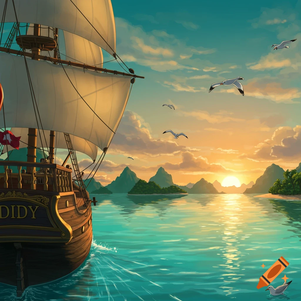 An illustrated sailboat with "DIDY" on its stern sails on turquoise water toward a tropical sunset over islands.