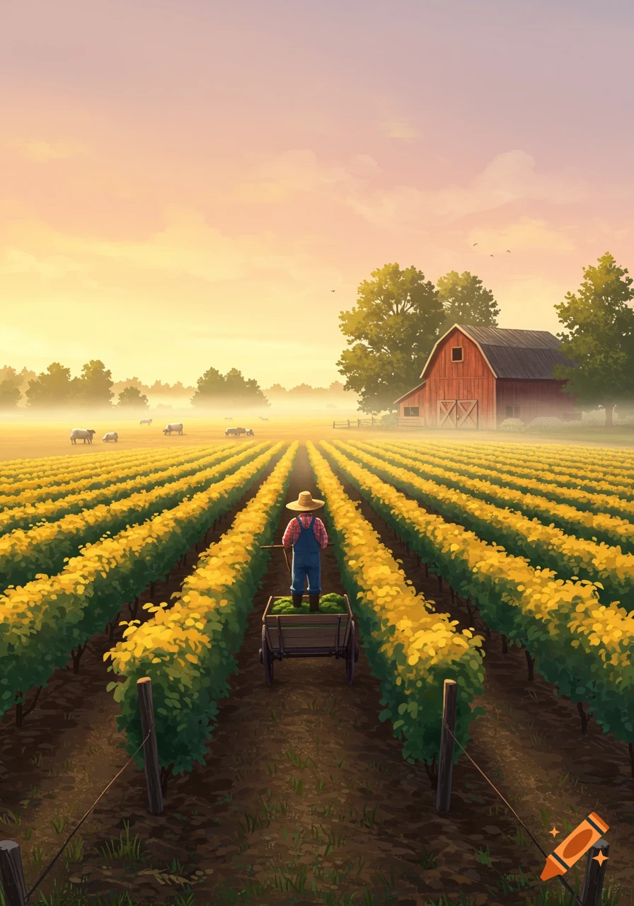 A farmer pushes a cart through rows of yellow crops at sunrise, with a red barn and cows in the misty background. Illustrative style.