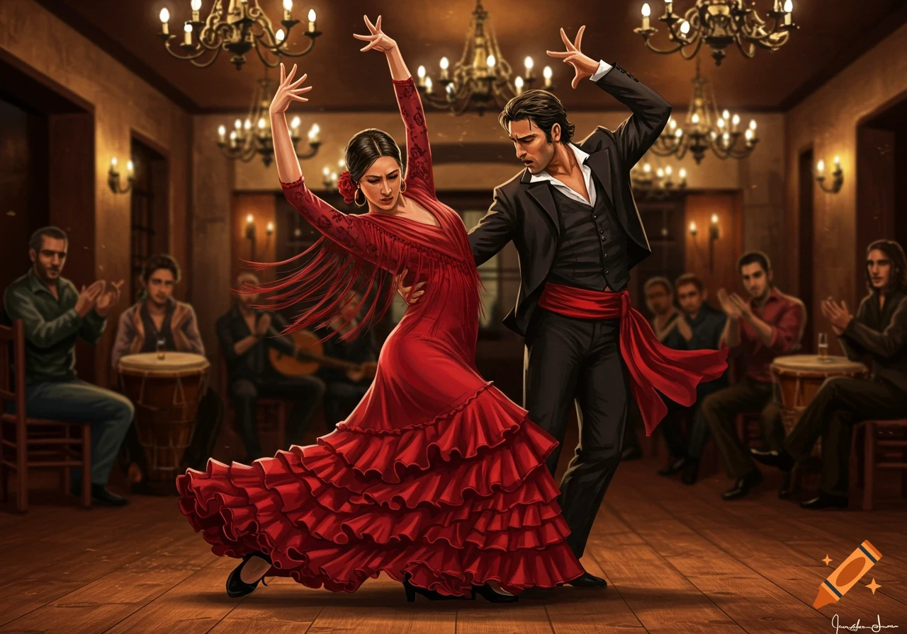 A man and woman in traditional attire perform flamenco dance in a dimly lit hall, with musicians and audience in the background.