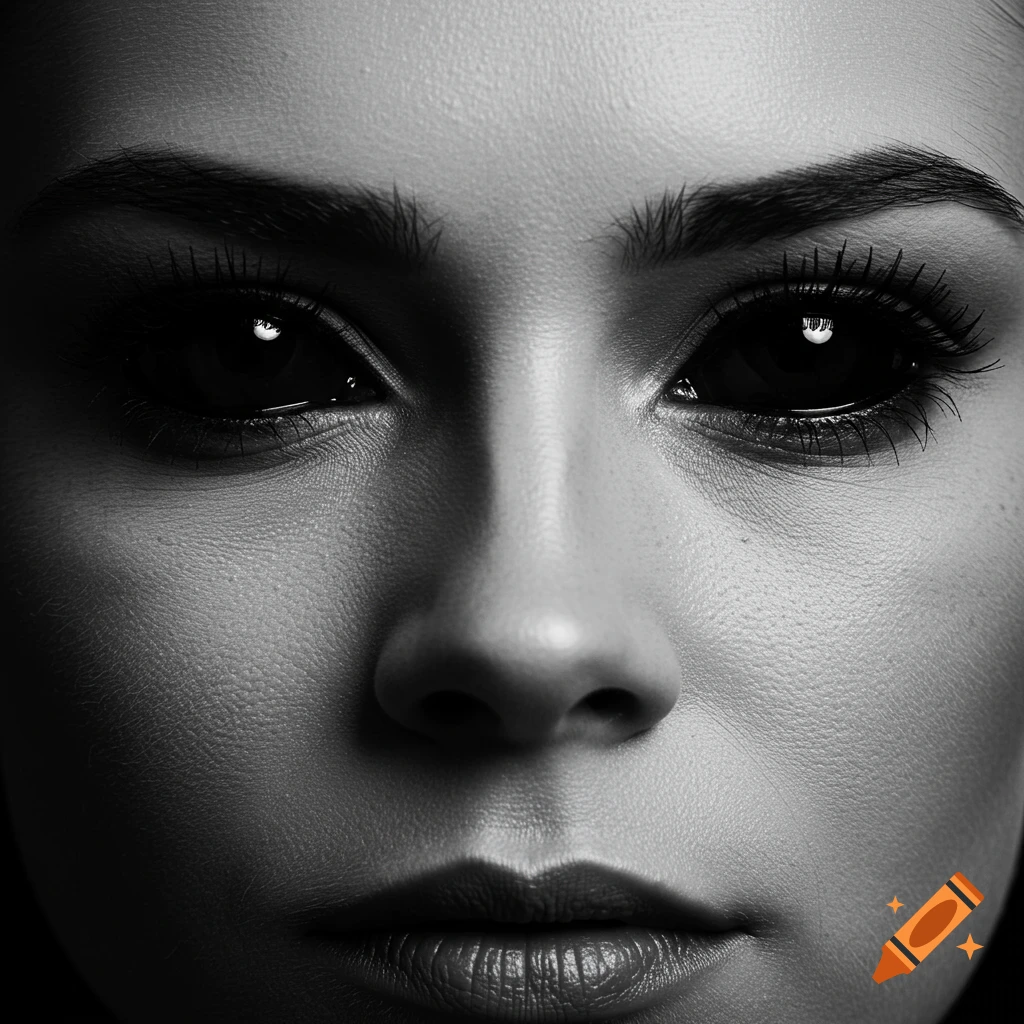 Close-up black and white portrait of a woman with entirely black eyes, looking forward intently.