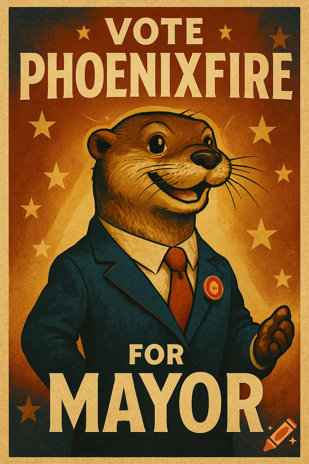 Vintage political poster of a smiling anthropomorphic otter in a suit, with 'VOTE PHOENIXFIRE FOR MAYOR' text.