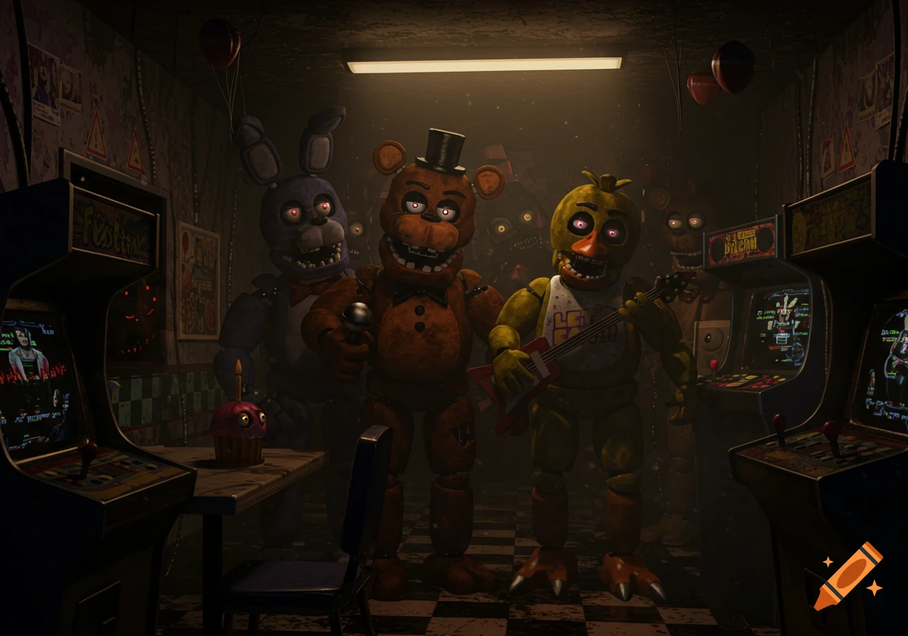 Freddy Fazbear, Bonnie, and Chica animatronics stand in a dimly lit arcade room with glowing red eyes. Freddy holds a microphone, Chica a guitar, and Bonnie stands behind them.