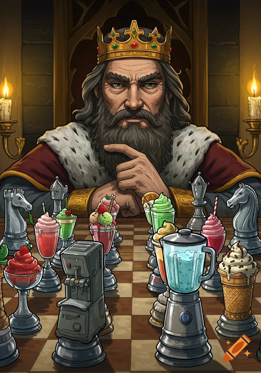 A cartoon king in a crown and regal robes sits at a chessboard where pieces are colorful frozen desserts and kitchen appliances.