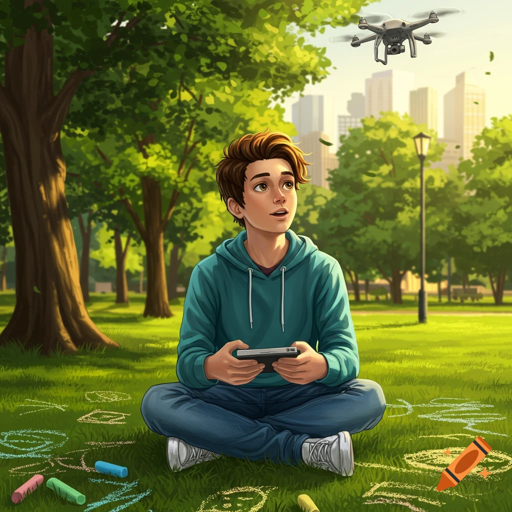 An illustrated young boy sits cross-legged in a sunny park, looking up intently at a drone he controls with a handheld device.