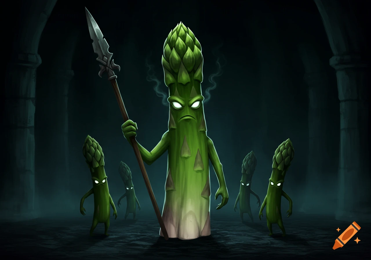An angry, large anthropomorphic asparagus warrior with glowing white eyes holds a spear, surrounded by four smaller asparagus minions in a dark, ominous dungeon.