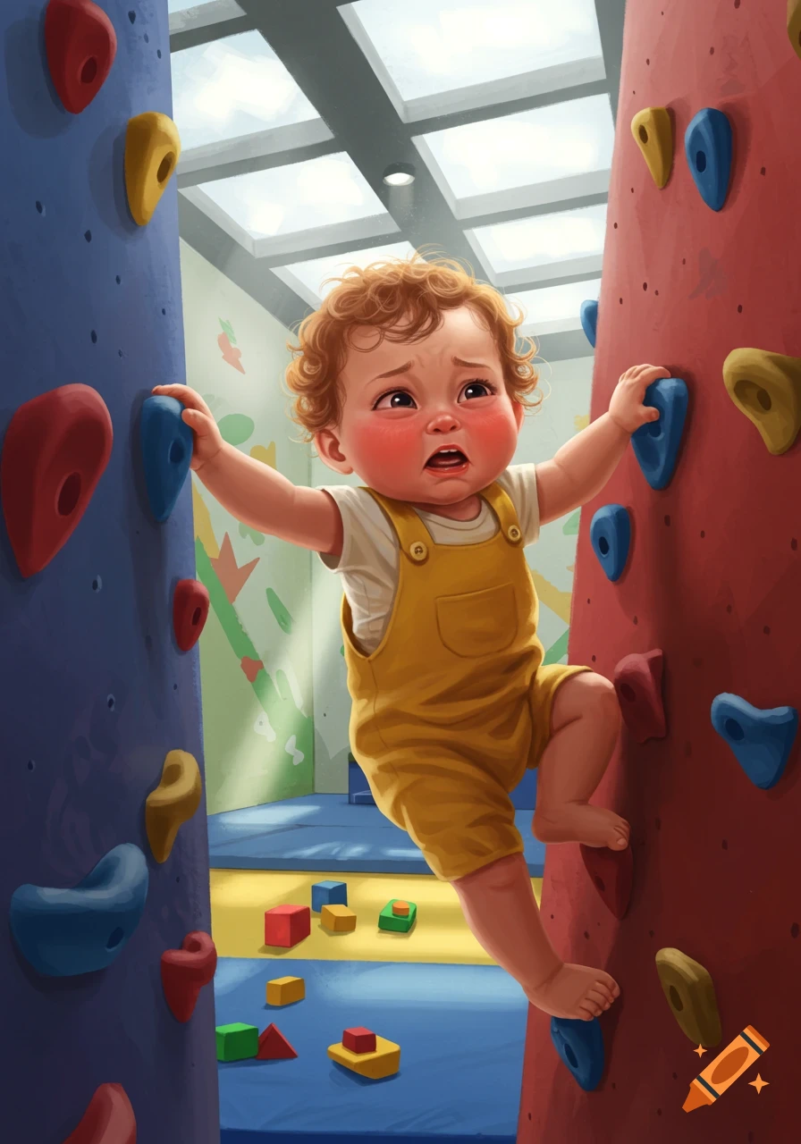 An illustrated baby with red cheeks and tears crying while attempting to climb a colorful indoor rock wall in a playroom.