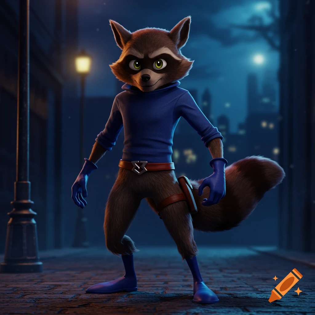 An anthropomorphic cartoon raccoon character, resembling Sly Cooper, stands in a dark alley with a streetlamp, wearing a blue shirt and gloves.