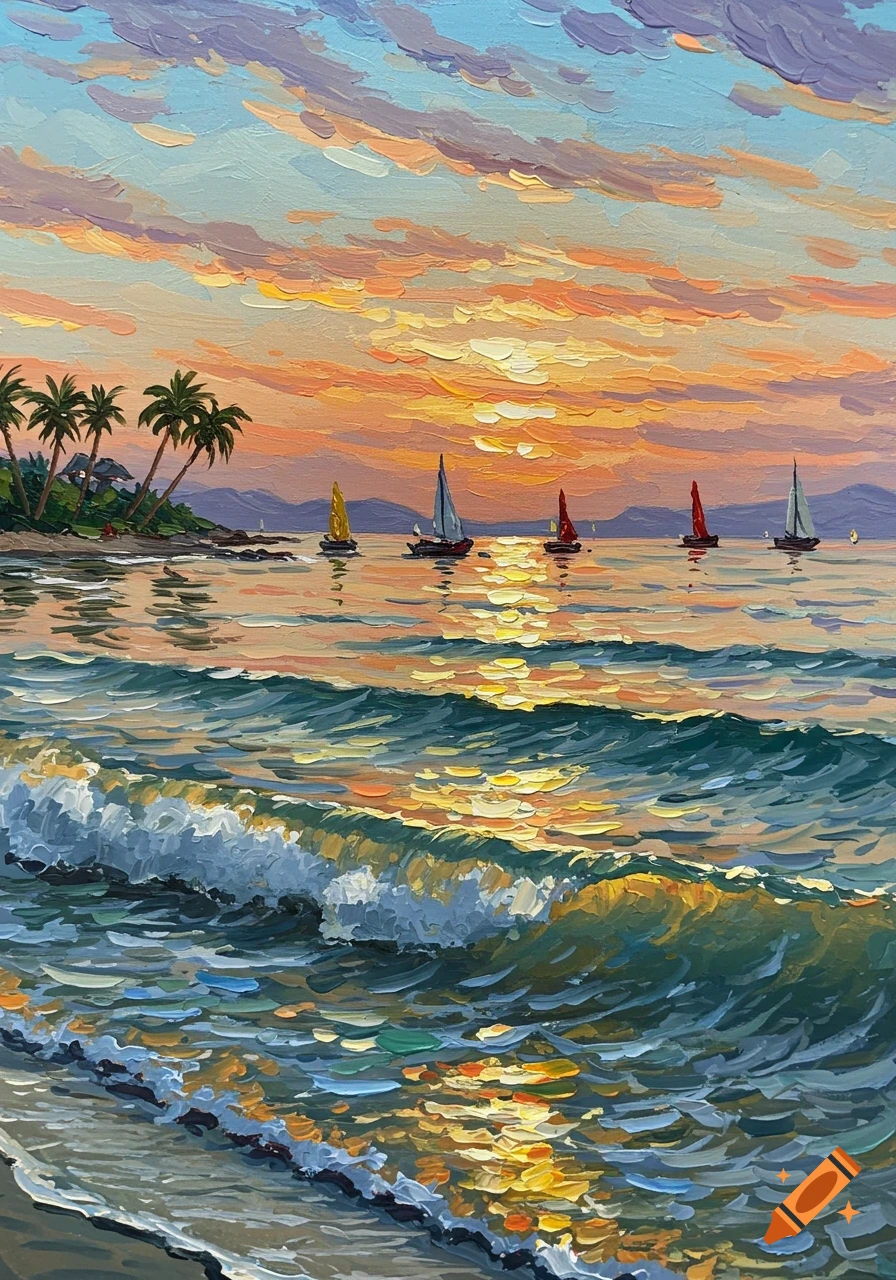 Neo-impressionistic painting of a vibrant sunset over a tropical sea with sailboats and palm trees on the shore.