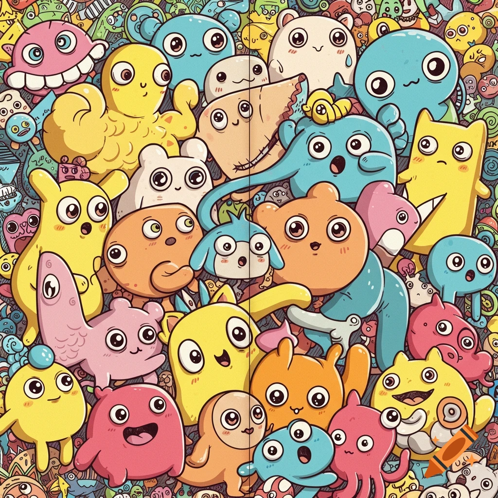 A colorful, crowded page of various cartoon characters and monsters with big, asymmetrically bugging eyes, some smiling, some surprised.