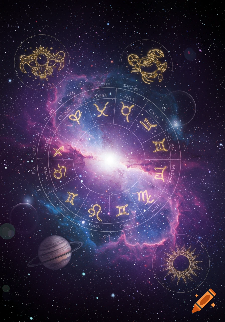 A cosmic background with a large golden astrological wheel featuring zodiac symbols, surrounded by a nebula, stars, and planets.