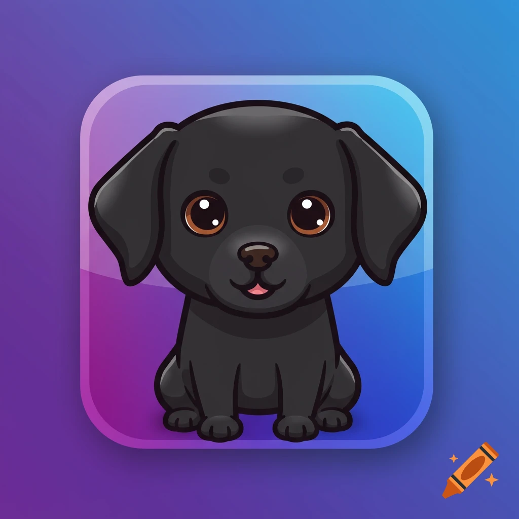 Cute cartoon black Labrador puppy app icon with big brown eyes on a purple and blue gradient background.