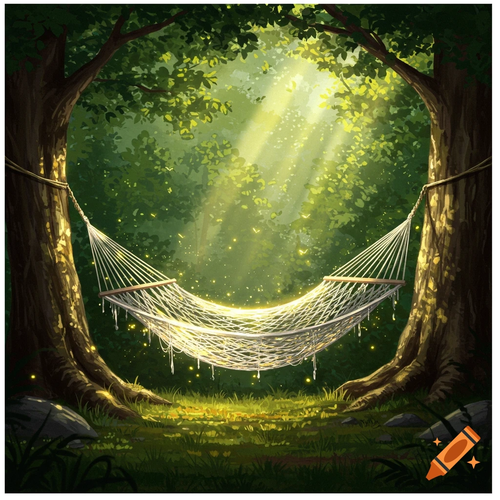 A glowing hammock hangs between two large trees in a lush, sunlit forest with magical sparkling particles, in a vibrant digital painting style.