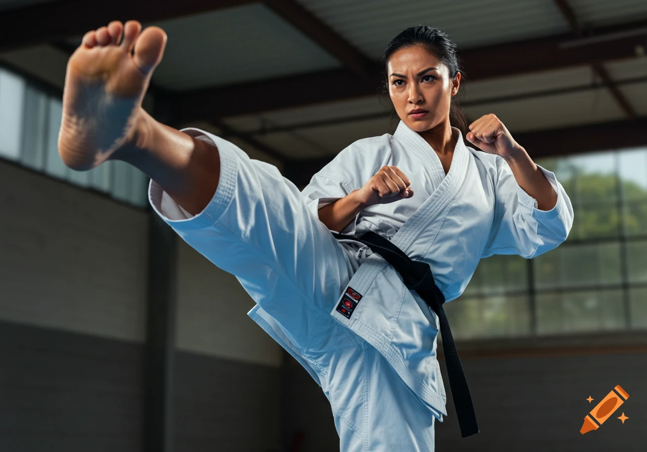 A female karate practitioner in a white gi and black belt performs a high kick, in a realistic style.