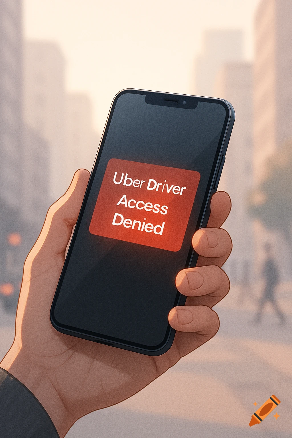 A hand holds a smartphone displaying a red notification 'Uber Driver Access Denied' in a stylized city background.