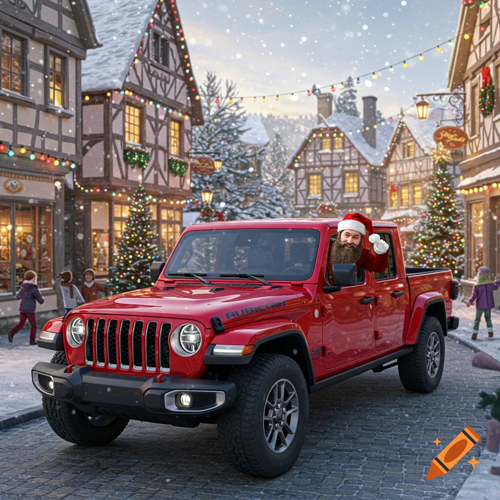 A red Jeep Gladiator drives through a snowy Christmas town, with Santa Claus waving from the driver's side window.