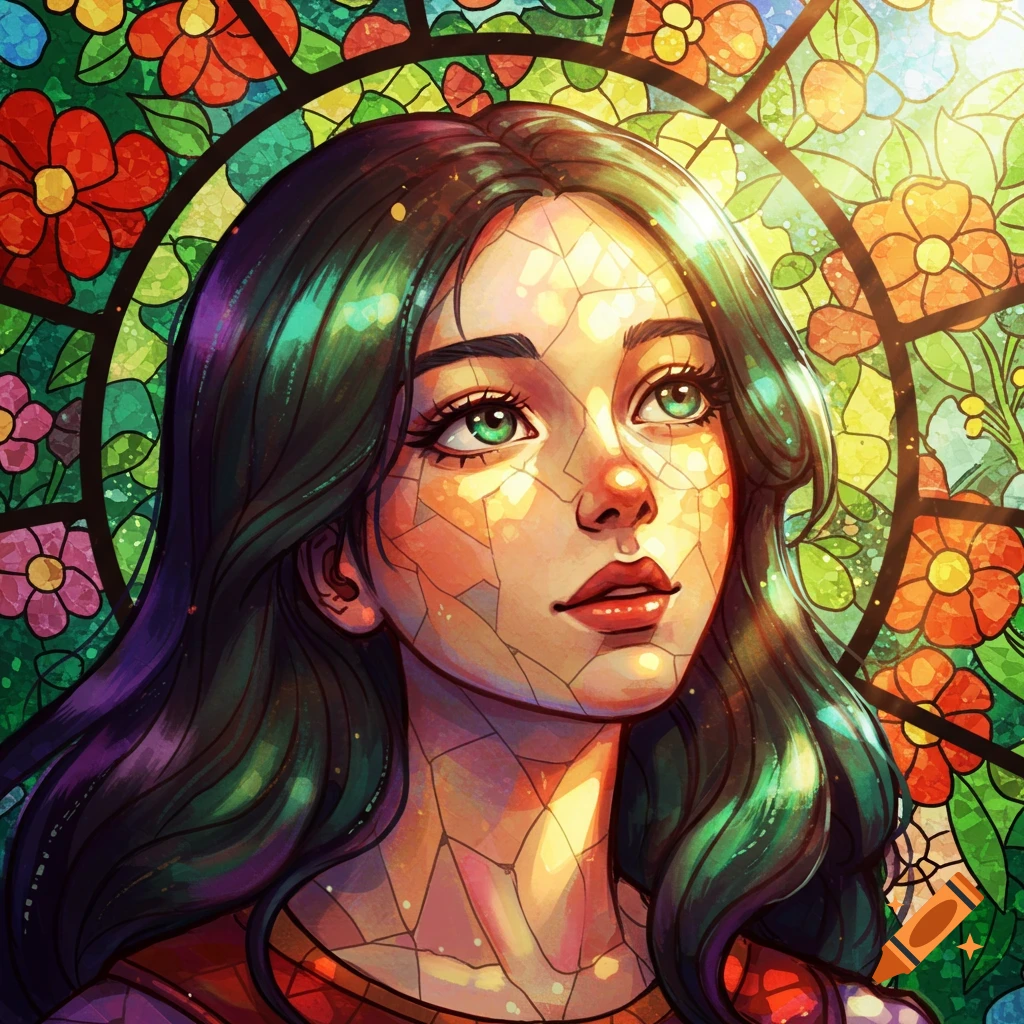 A vibrant stained glass portrait of a young girl with green eyes looking up, against a floral stained glass background.