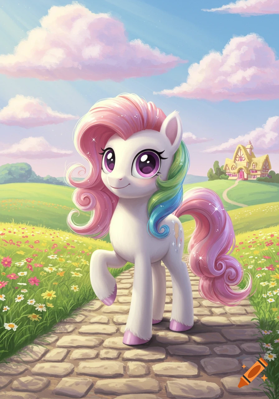 A cute white My Little Pony character with a pink and rainbow mane walks on a stone path through a flower field under a sunny sky.