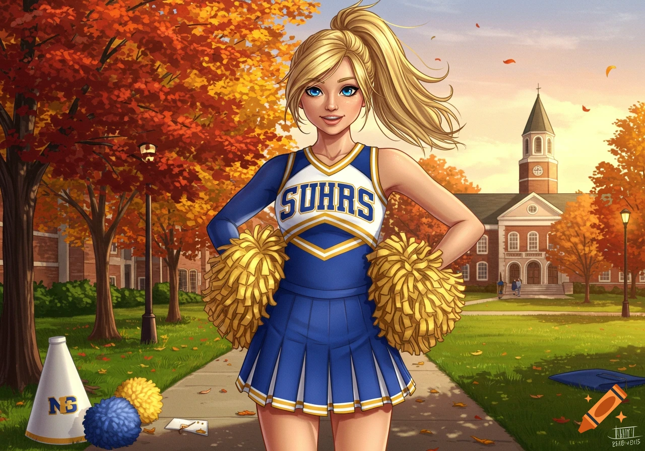 Illustrated blonde college cheerleader in a blue and white uniform holding yellow pom-poms on an autumn campus.