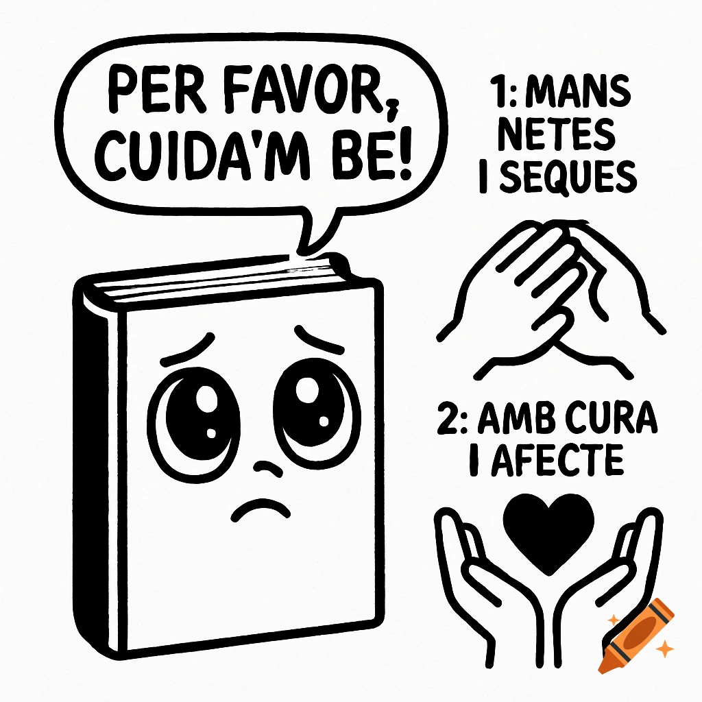 A black and white cartoon illustration of a sad-faced book asking to be cared for with clean, dry hands and affection.