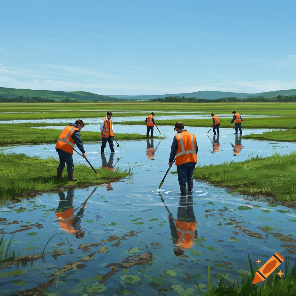 Several people in orange safety vests wade through a shallow, grassy field under a clear sky, appearing to conduct an inspection.