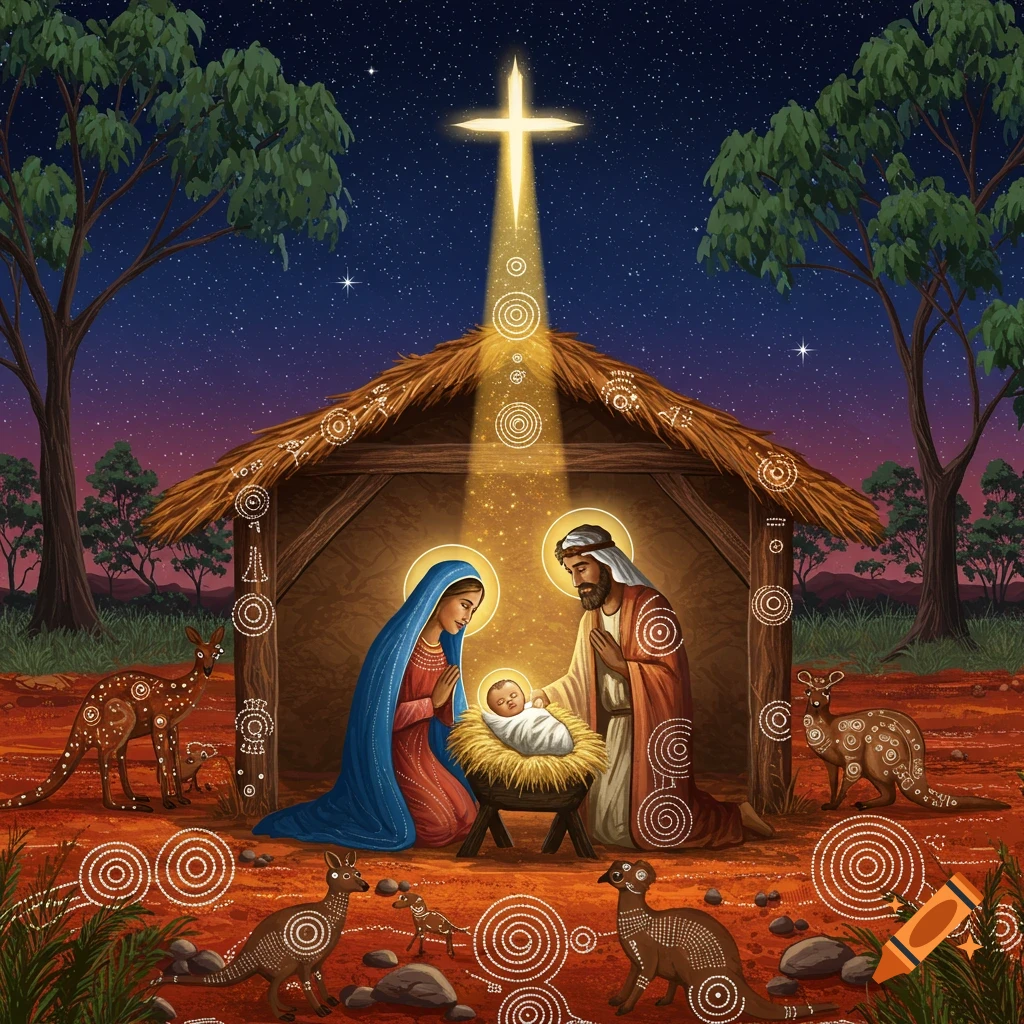 A stylized nativity scene with Mary, Joseph, and baby Jesus in a stable, recontextualized with Australian Aboriginal art featuring native animals and dot paintings.